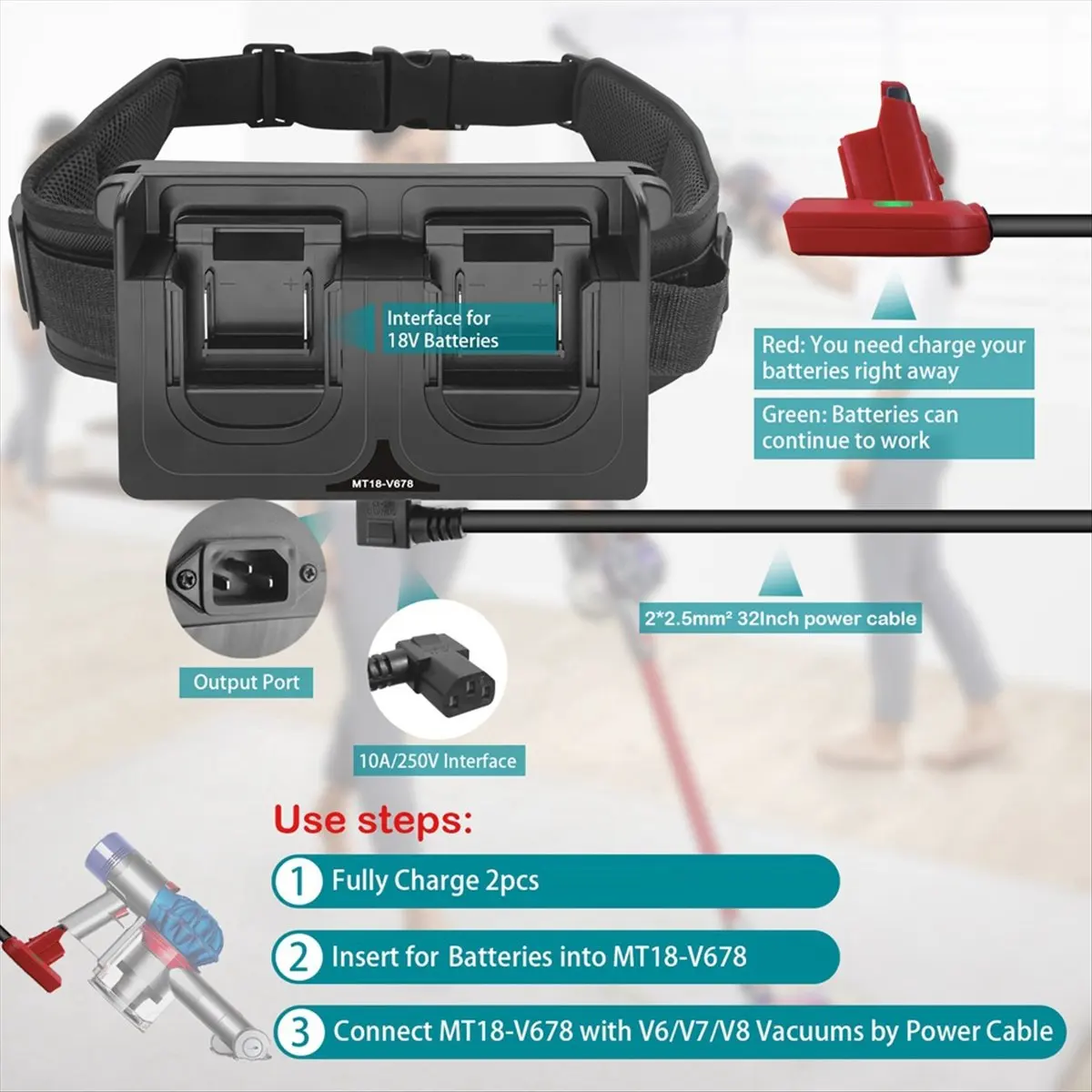 [CNIM] Dual-Battery Waist-Mounted Weight Reducer Adapted to 18-20V for Makita Lithium Battery for Dyson V6 V7 V8 Adapter