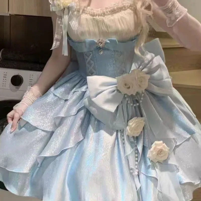 

Bow Lolita Dresses Y2K White Rose Skirt Jsk Princess Little Flower Cute Adult Sweet Lolita Dress Birthday A-line Dresses New