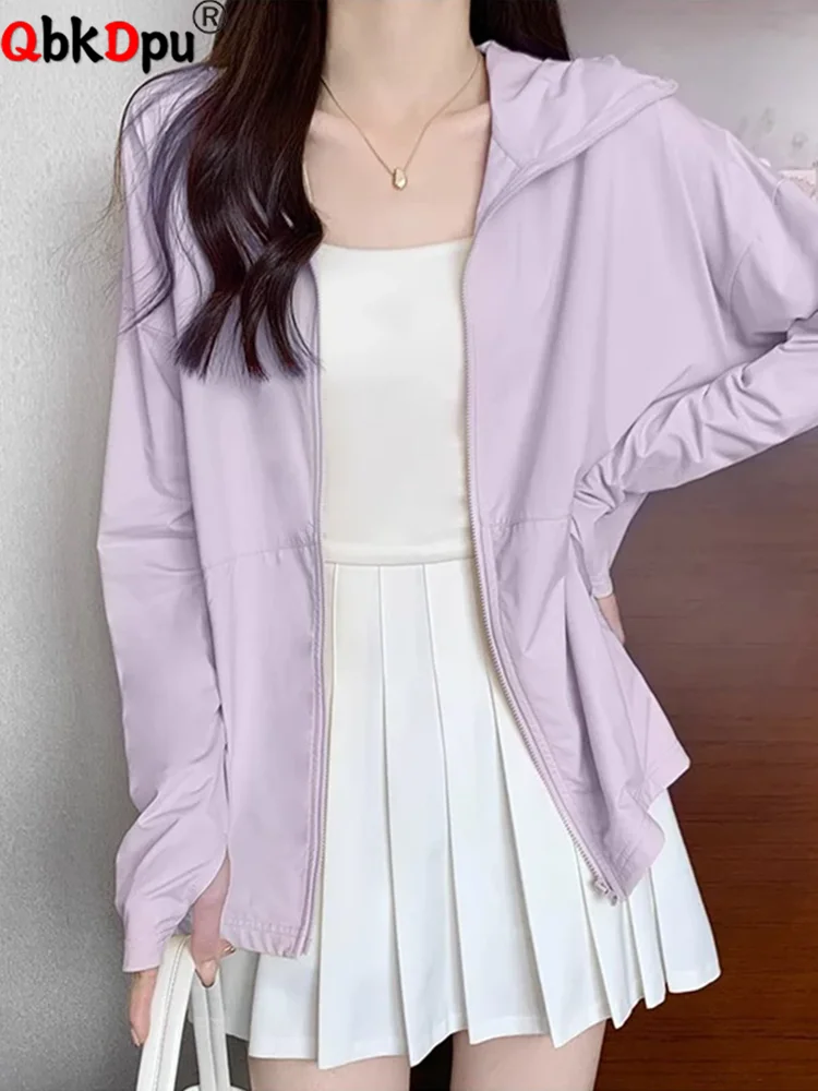 

Summer Thin Ice Slik Sunscreen Coats Women Casual Zipper Hooded Loose Outerwears Korean Fashion Casaco Long Sleeve Cardigan Tops