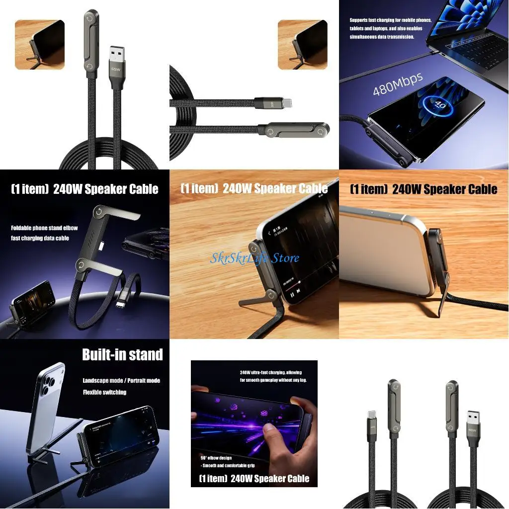 

E65E MultiPurpose 240W Charging Cable with Phone Bracket Support HandsFree Operation 90Degree Connector Ergonomic Grip