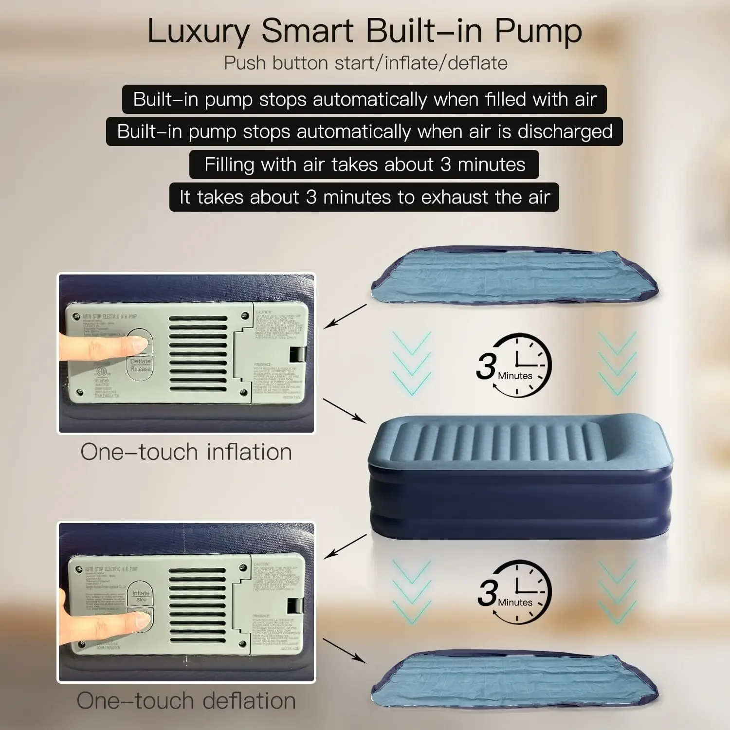 Top Pillow with Built in Pump, 3 Mins Fast Inflation Auto Stop Luxury Blow Up Mattress Comfort Air Bed, Co