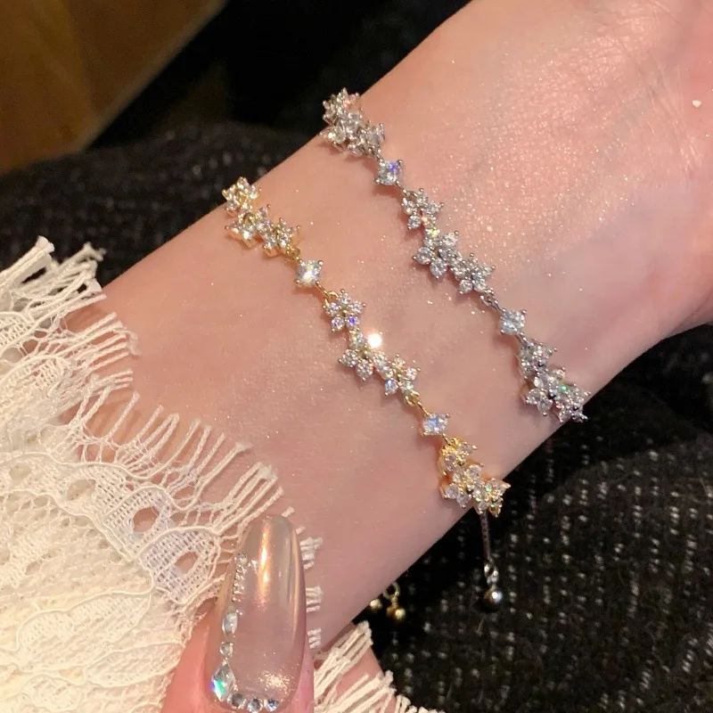 Shiny Star Zircon Adjustable Drawstring Bracelet, Gold Silver Sparkling Floral Crystal Chain Bracelet for Women