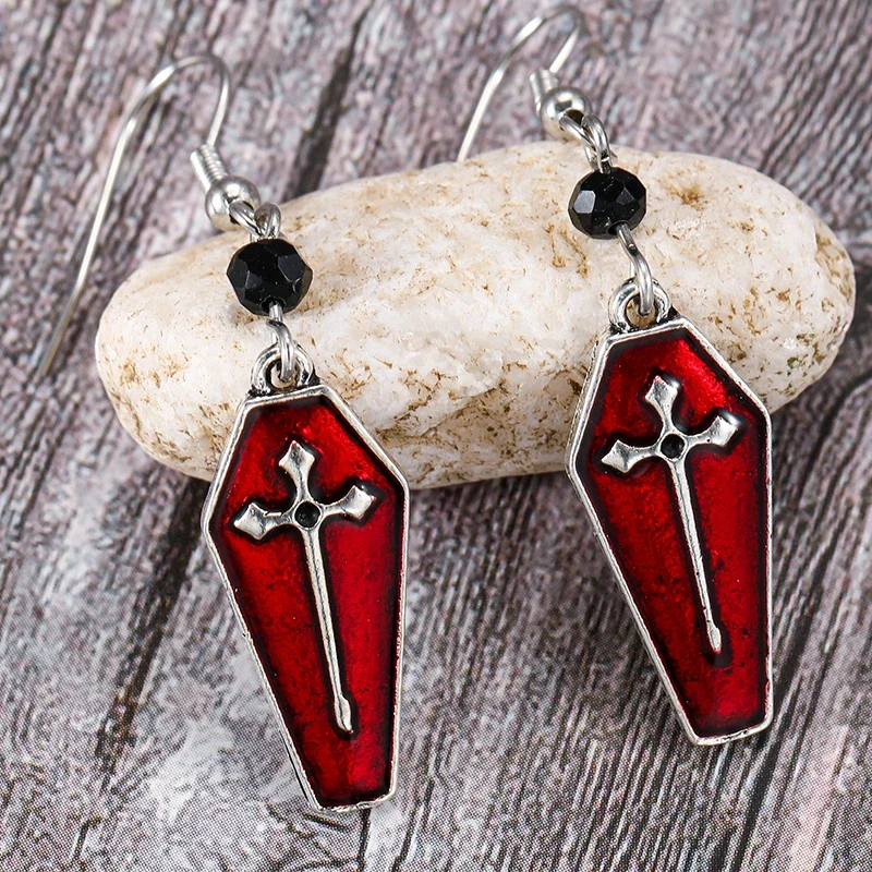 

New Red Coffin Vampire Cross Earrings Punk Goth Style Long Dangle Earring for Women Girls Personality Halloween Jewelry Gifts