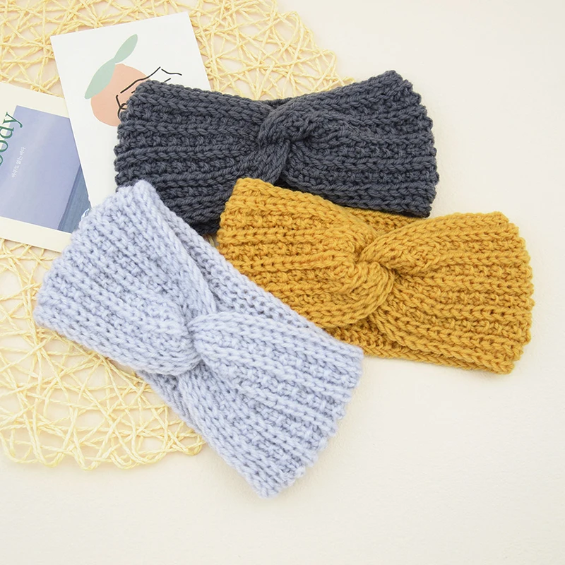 Retro Warmer Ear Winter Knitted Headband Turban For Women Crochet Bow Wide Stretch Solid Hairband Lady Headwrap Hair Accessories