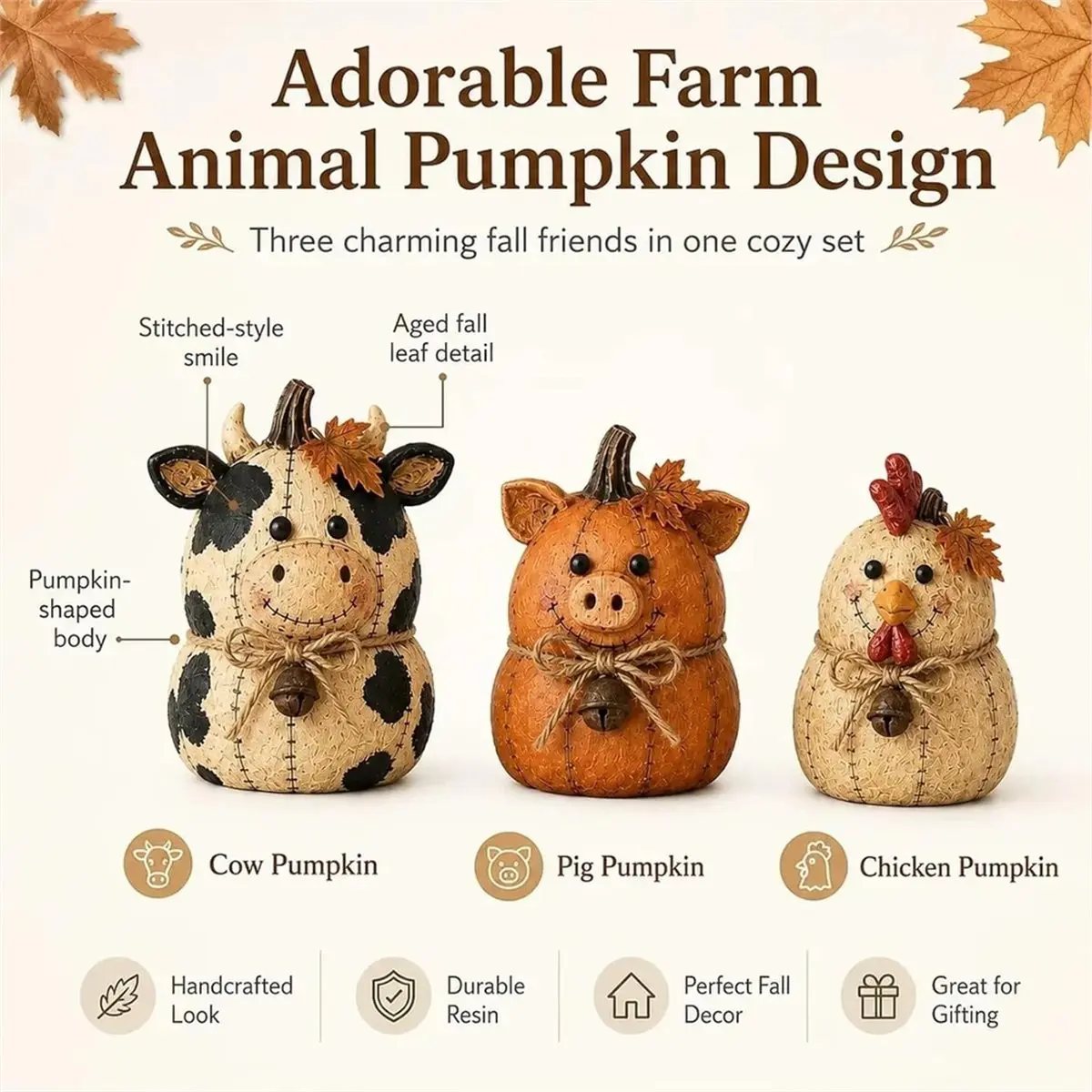 Rustic Farm Pumpkin Friends Decor Set, Charming Fall Seasonal Ornament for Home Decoration, for Mantel Shelf Tabletop