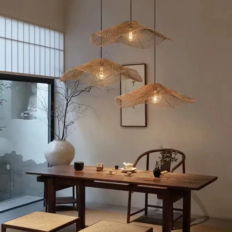 

Retro Rattan Lamp Restaurant Pendant Lights Cafe Shop Dining Room Kitchen Loft Suspension Luminaire Rattan Straw Hat Chandeliers