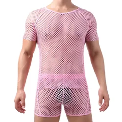 Fashion Mens Sexy Mesh See-Through Shirts Costume Fish Net t-Shirt Short Sleeve Nightclub Sheer Tops Shirt set