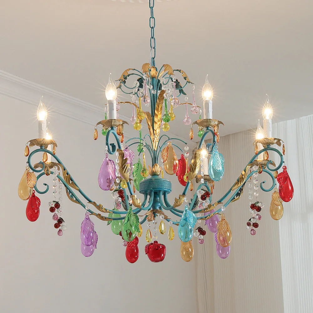 French Retro Colorful Restaurant Chandelier Art Glass Home Decoration Lamp Romantic Bedroom Lamp Candle Pendant Light