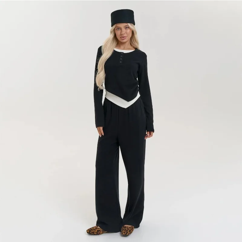 Nieuwe Tweedelige Casual Set Relaxte Europese Amerikaanse Stijl Met Geplooide Onregelmatig Gezoomde Top Rechte Broek Dames