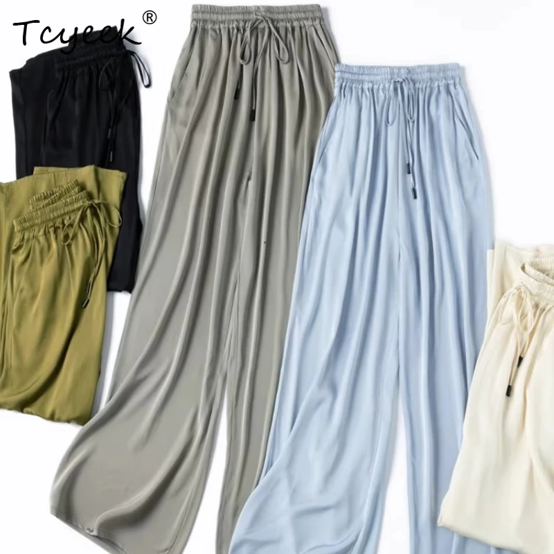 Tcyeek 93% Real Mulberry Silk Pants Women 2026 Hot Selling Elastic Waist Wide Leg Pants Casual Woman Clothes Pantalones De Mujer