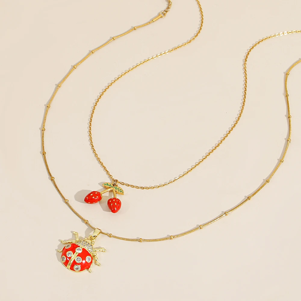 

Freetry Cute Stainless Steel Clavicle Chain Necklace Women Exquisite Strawberry Cherry Pendant Necklace Waterproof Neck Jewelry