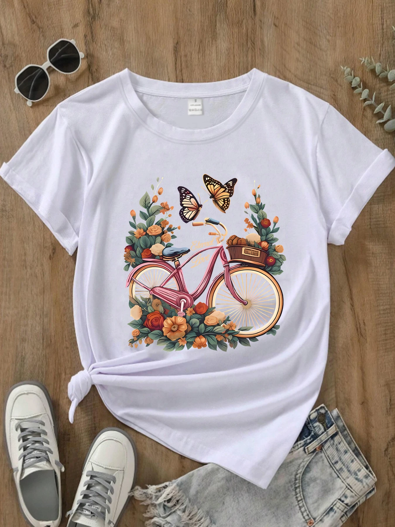 

Cycling and Butterfly Pattern Round Neck Plus Size Women Short Sleeve Trend Printing Elastic Half Sleeve T-shirt