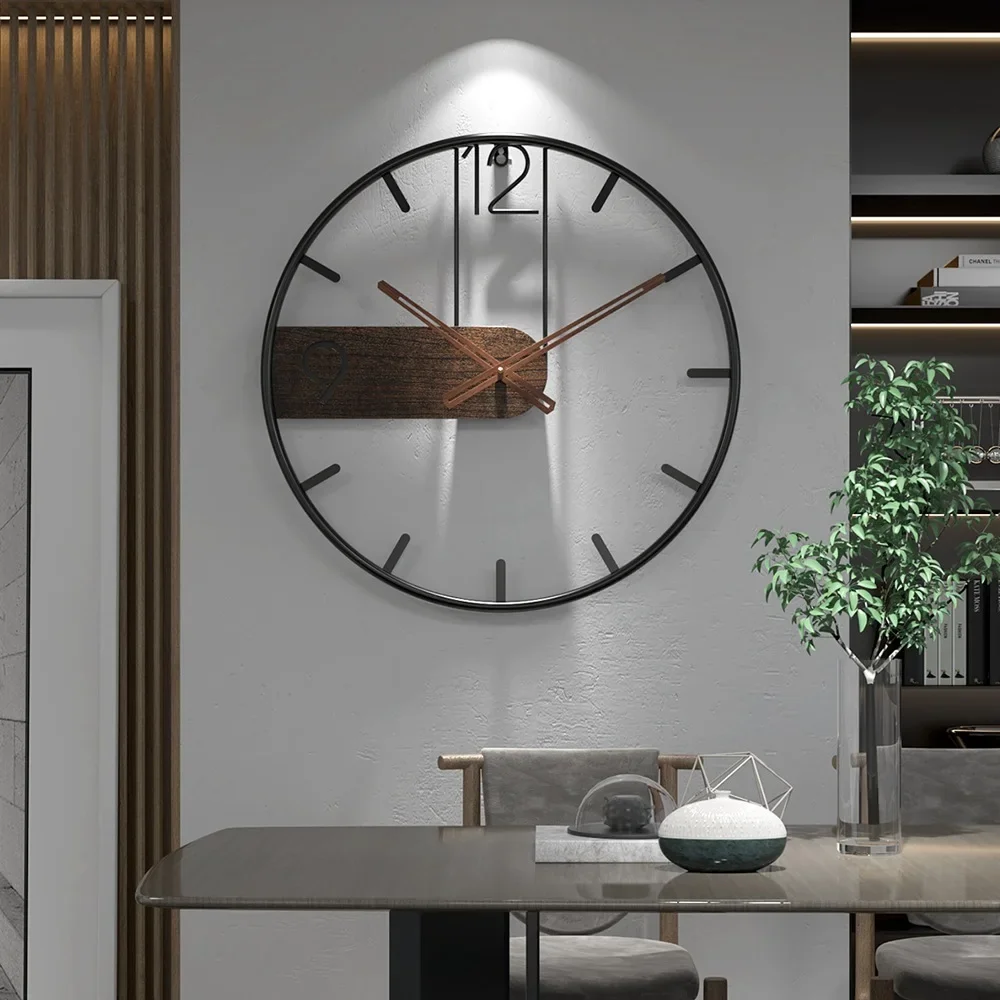 Nordic Metal Iron Wall Clock Big Size 3D Round Large Wall Watch Walnut Pionter Modern Clocks for Home Living Room Decoration