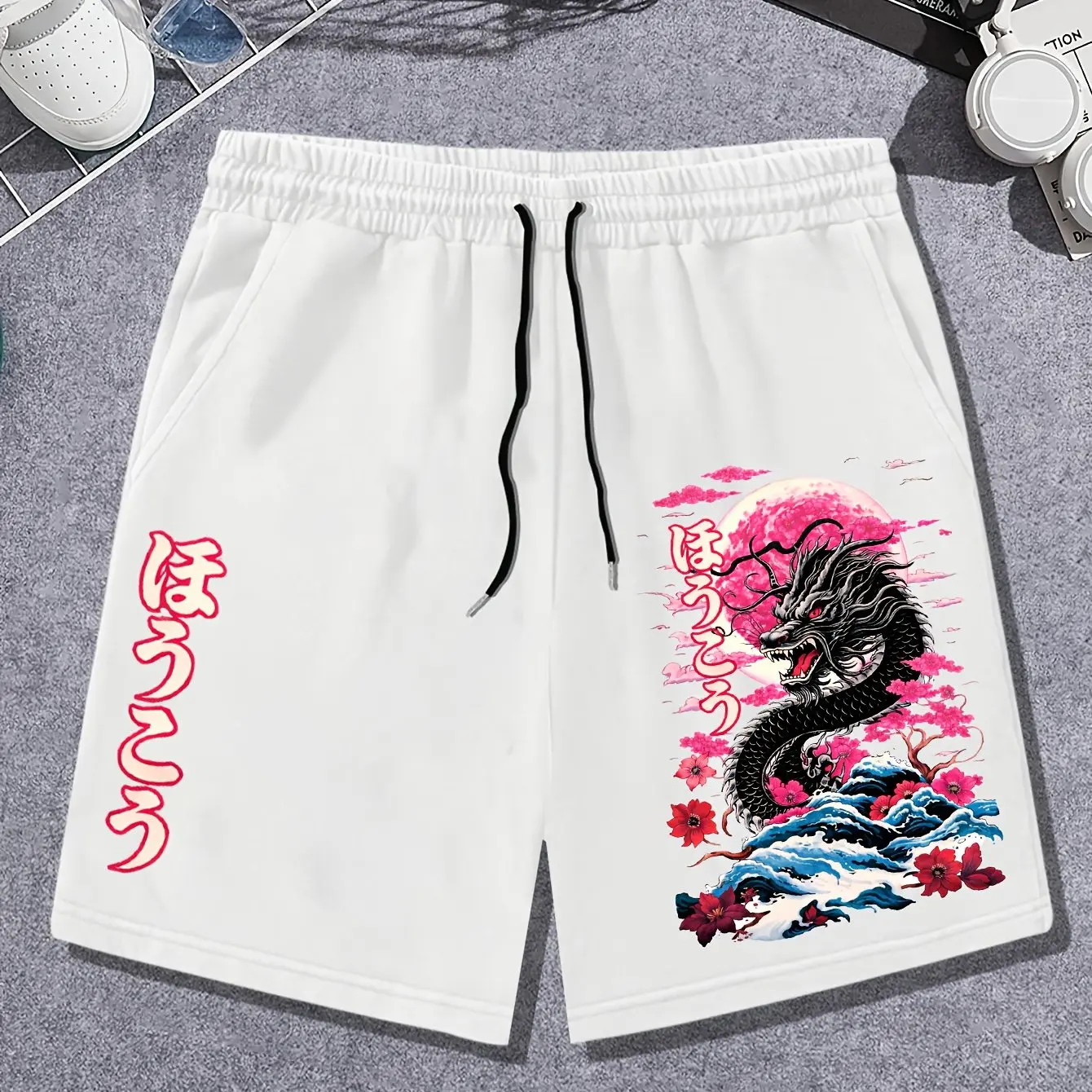 Men's Color-block Printed Shorts with Dragon and Letter Patterns Featuring A Drawstring  Summer Street Fashion Shorts