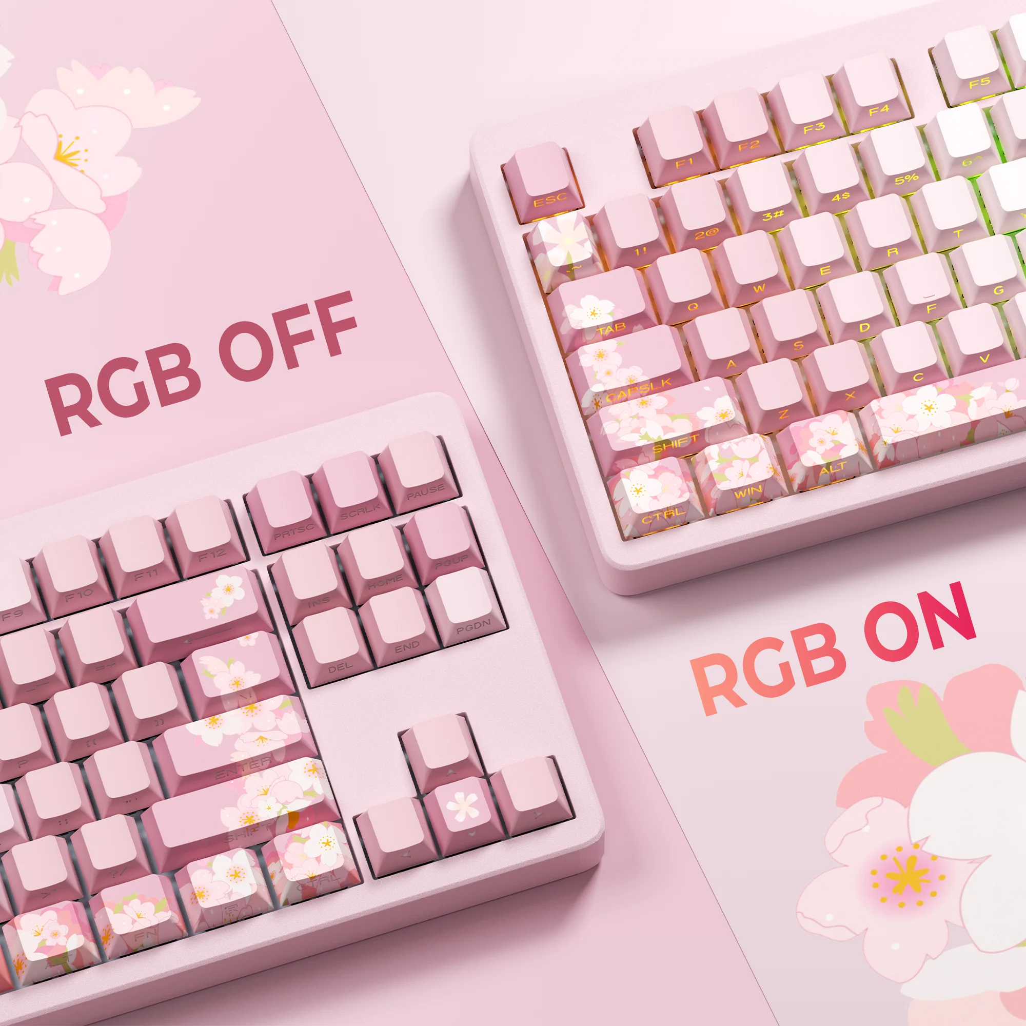 XVX Pink Flower Shine Through Keycaps Side Print PBT Keycaps Double Shot Cherry Profile DIY 124 Keys for Mechanical Keyboard