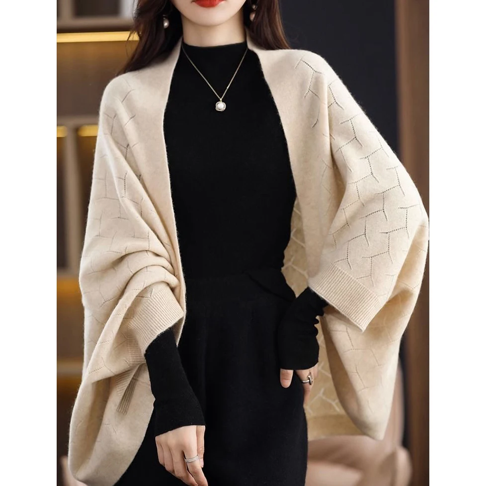 High Luxury Wool Knitted Shawl Scarf Dual-purpose Spring Autumn New Solid Color Loose Versatile Cardigan Sweater Outerwear Cape