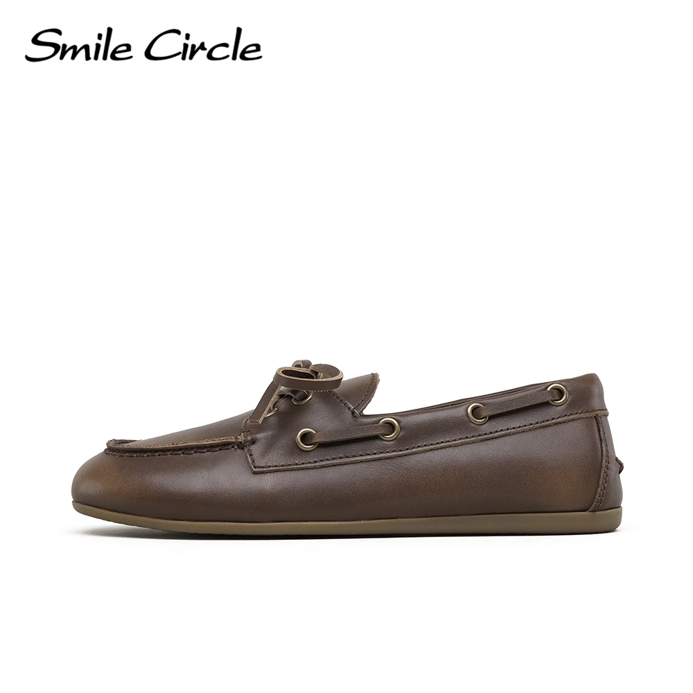 Smile Circle Boat Shoes Women Genuine Leather Loafers Moccasins Lace-up Flat Shoes