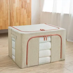 Clothes Storage Box Visual Double Window Storage Box Cotton Linen Folding Fabric Moving Organizer Storage Box Thick Steel Shelf