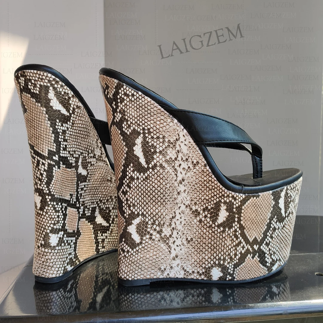 LAIGZEM Women Platform Wedges High Heels Flip Flop 20CM High Heel Faux Leather Handmade Ladies Shoes Woman Plus Size 39 43 45 47