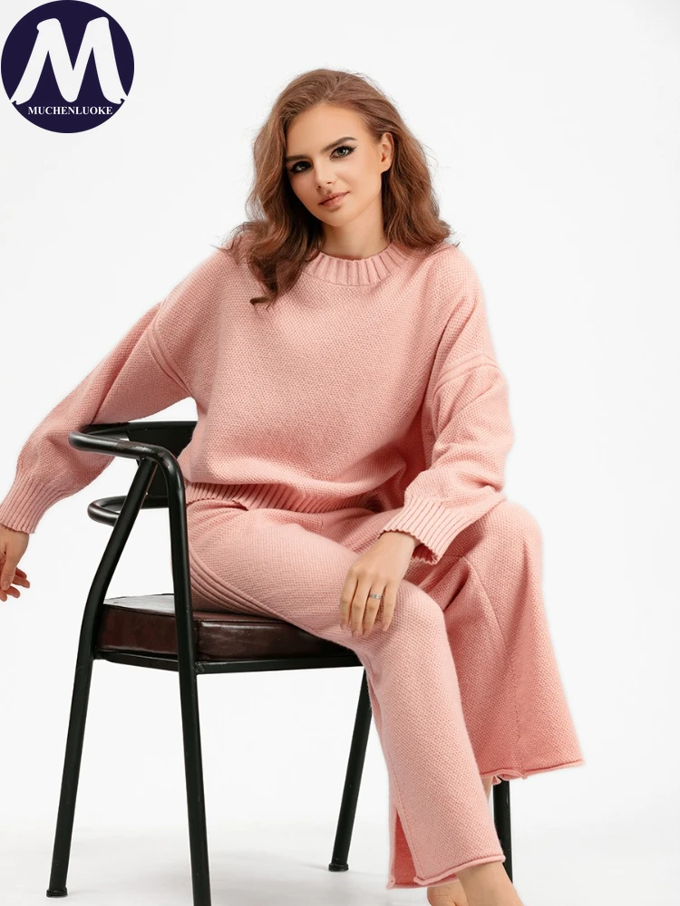Conjunto de duas peças feminino outono inverno novo casual o pescoço manter quente camisola de malha moda solta engrossar calças de perna larga conjuntos