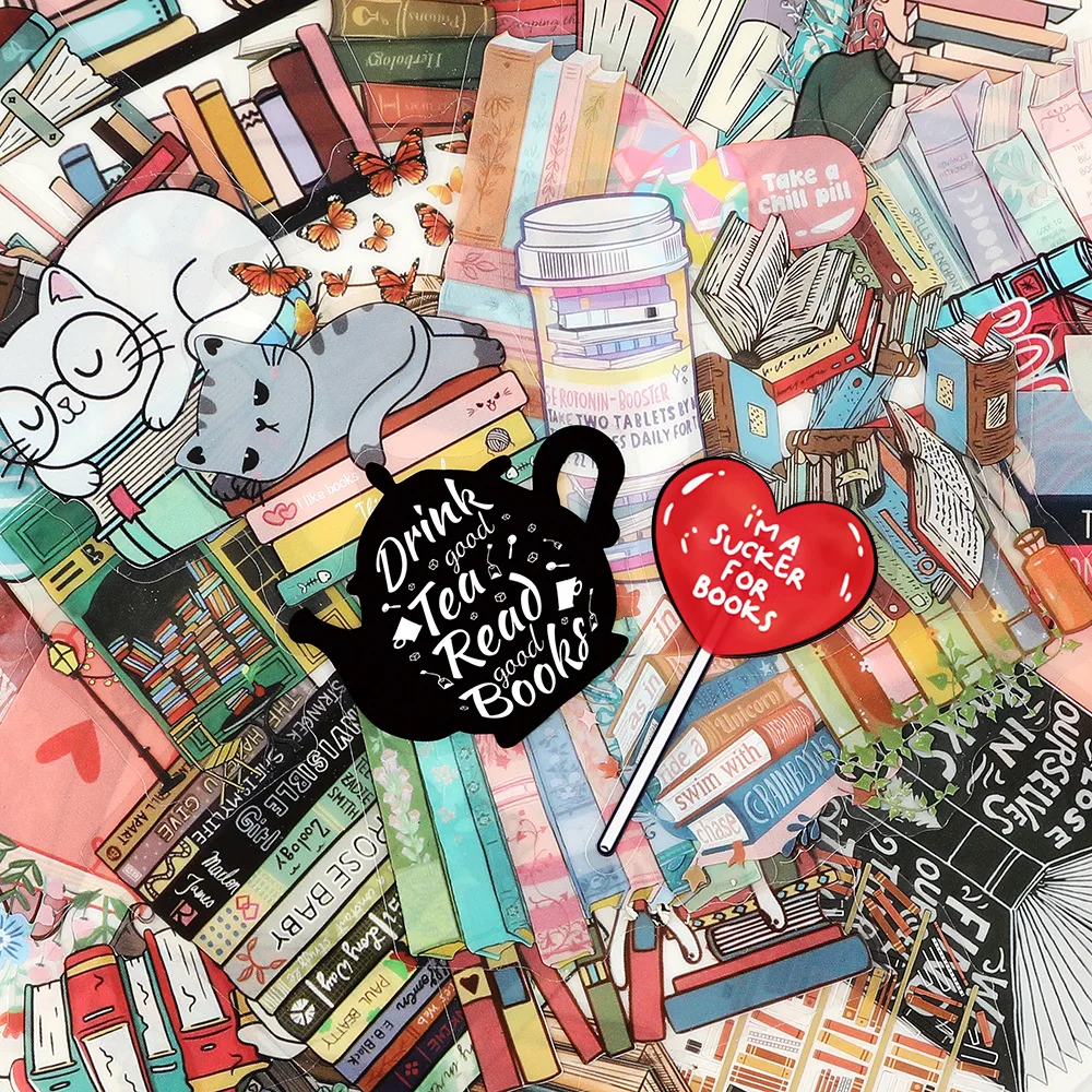 50Pcs Read Books Clear Doodle Stickers Waterproof Decals for DIY Skateboards, Laptops & Travel Gear