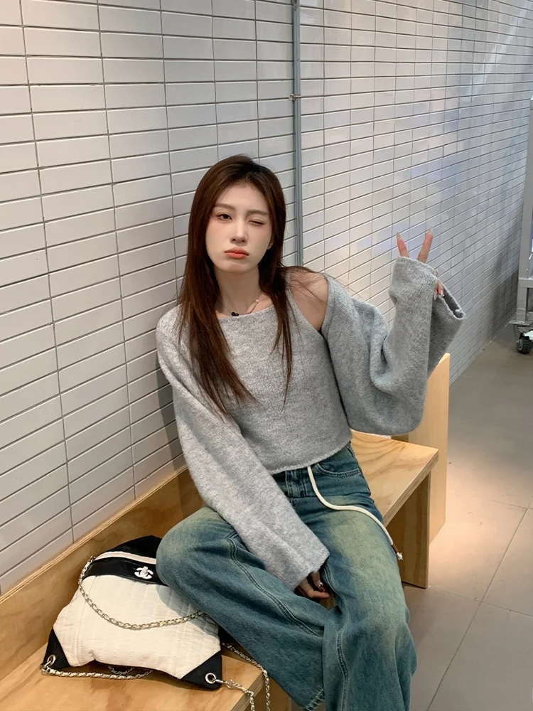 

Женский вязаный комплект: топ с длинным рукавом и жилет на бретелях, осенний модный повседневный удобный дышащий костюм из двух предметов с круглым вырезом