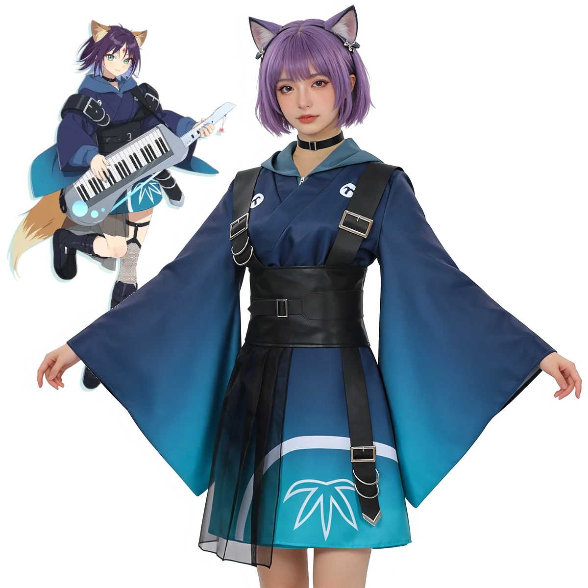 

Iroha Sakayori Cosplay Costume Cosmic Princess Kaguya Techwear Kimono Outfit with Tail and Ears Virtual Idol Battle Suit