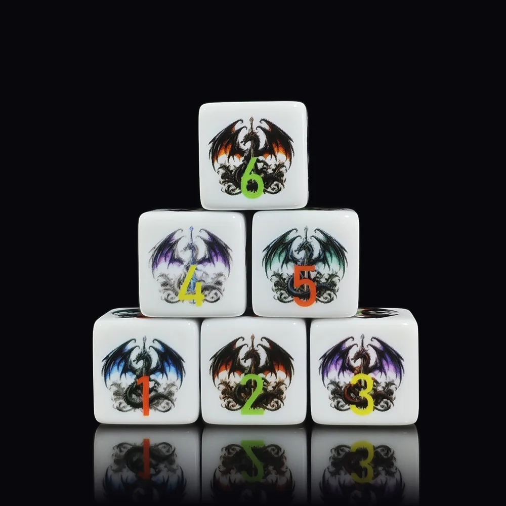 12Pcs 16MM D6 Multi Color Dragon Pattern Printed White Acrylic Dice Kit For Dungeons & Dragons Board Game Daily Entertainment