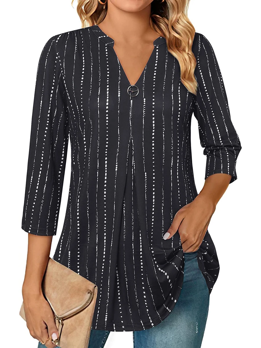 

Women Casual V Neck 3/4 Sleeve Pleated Front Blouse with Metal Ring Printed Striped Loose Tunic Top Fashion Ladies Shirt