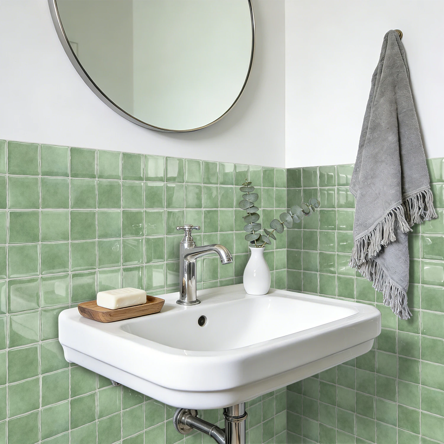 20pcs 3D self-adhesive imitation porcelain wall stickers, multi-color selection, checkered decorative patterns, 15.25*15.25cm