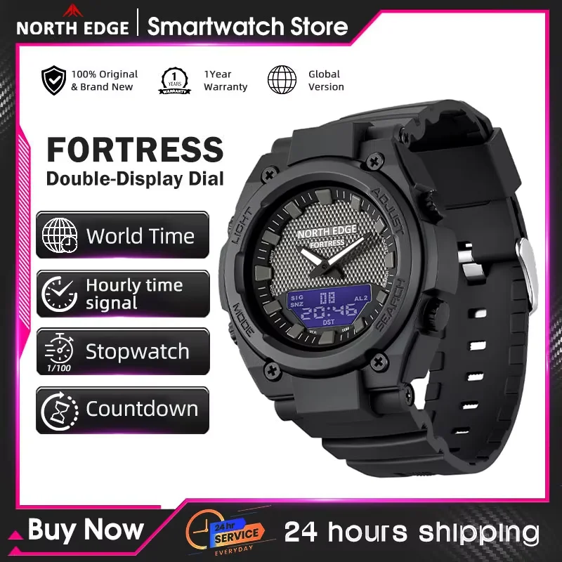 NORTH EDGE FORTRESS Men's Digital Sports Watch, Stopwatch World Time 50M Waterproof Wristwatch For Outdoor Hiking Camping