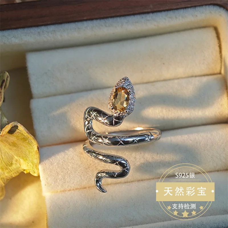 

Natural Snake Shape Citrine Wedding Ring 925 Sterling Silver Adjustable Size Ring for Women Topaz Jewelry Gift
