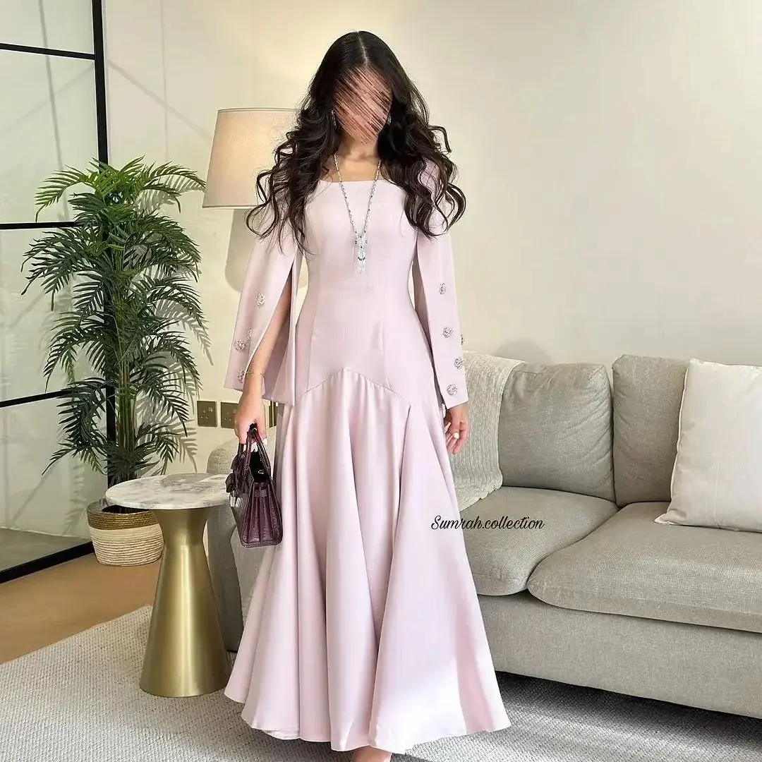 Pink Luxury Dress Prom Dresses Pleated Ankle Length Square Neck Evening Dresses Women\'s Beadings Formal Party Gowns Long Sleeves