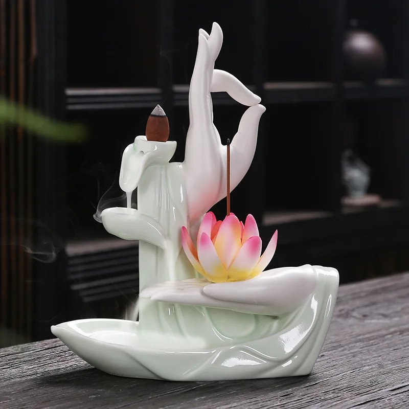 

Celadon Buddha Hand Lotus Backflow Incense Sandalwood Agarwood Aromatherapy Burner Creative Home Indoor Decoration