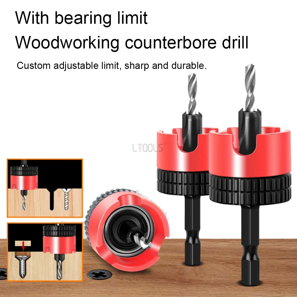 1PC Woodworking Limit Countersink Drill Non Slip Hexagonal Shank with Bearing Adjustable Step Drill Countersink Screw Opener