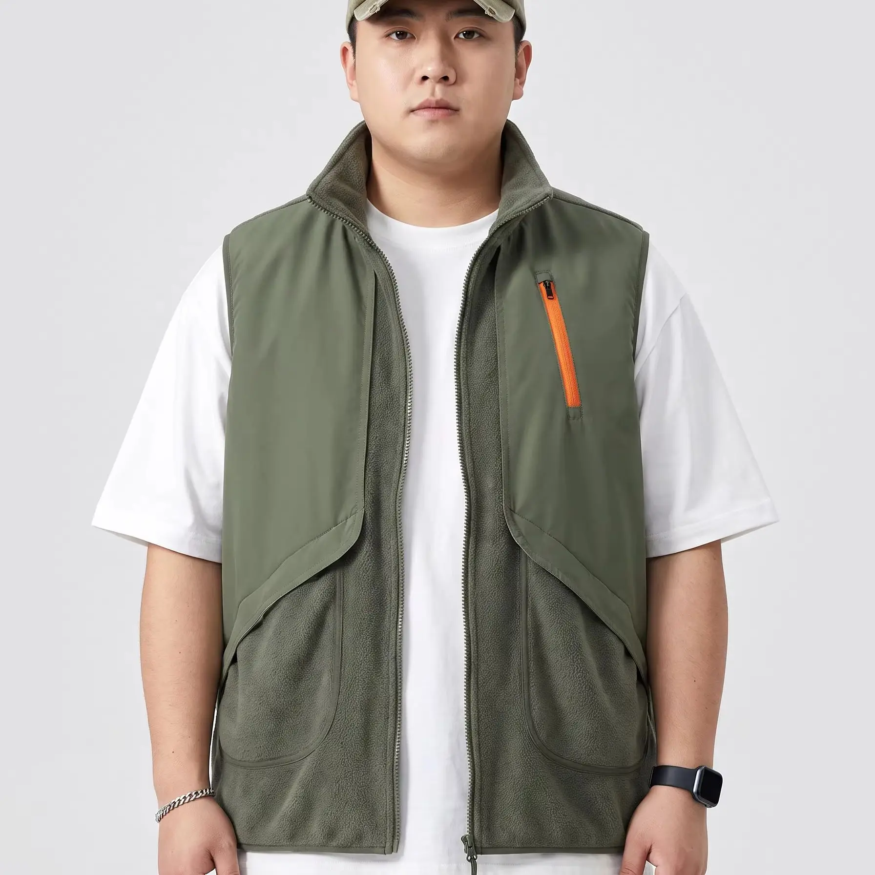Men Fleece Lined Vest Outdoor Sleeveless Jacket Zip‑Up Patchwork Gilet Autumn Winter Casual Multi‑Pocket Waistcoat
