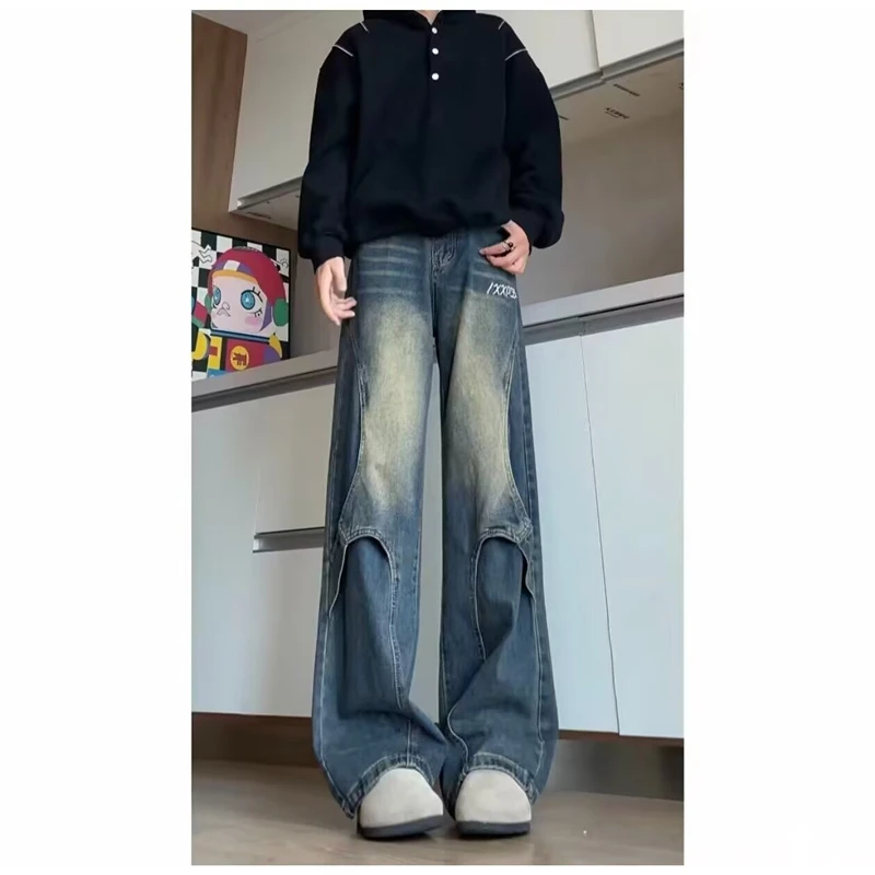 

Мужские джинсы в стиле ретро, американские, свободного прямого кроя, с широкими штанинами, с дизайнерскими вставками, модные, трендовые, повседневные, брендовые