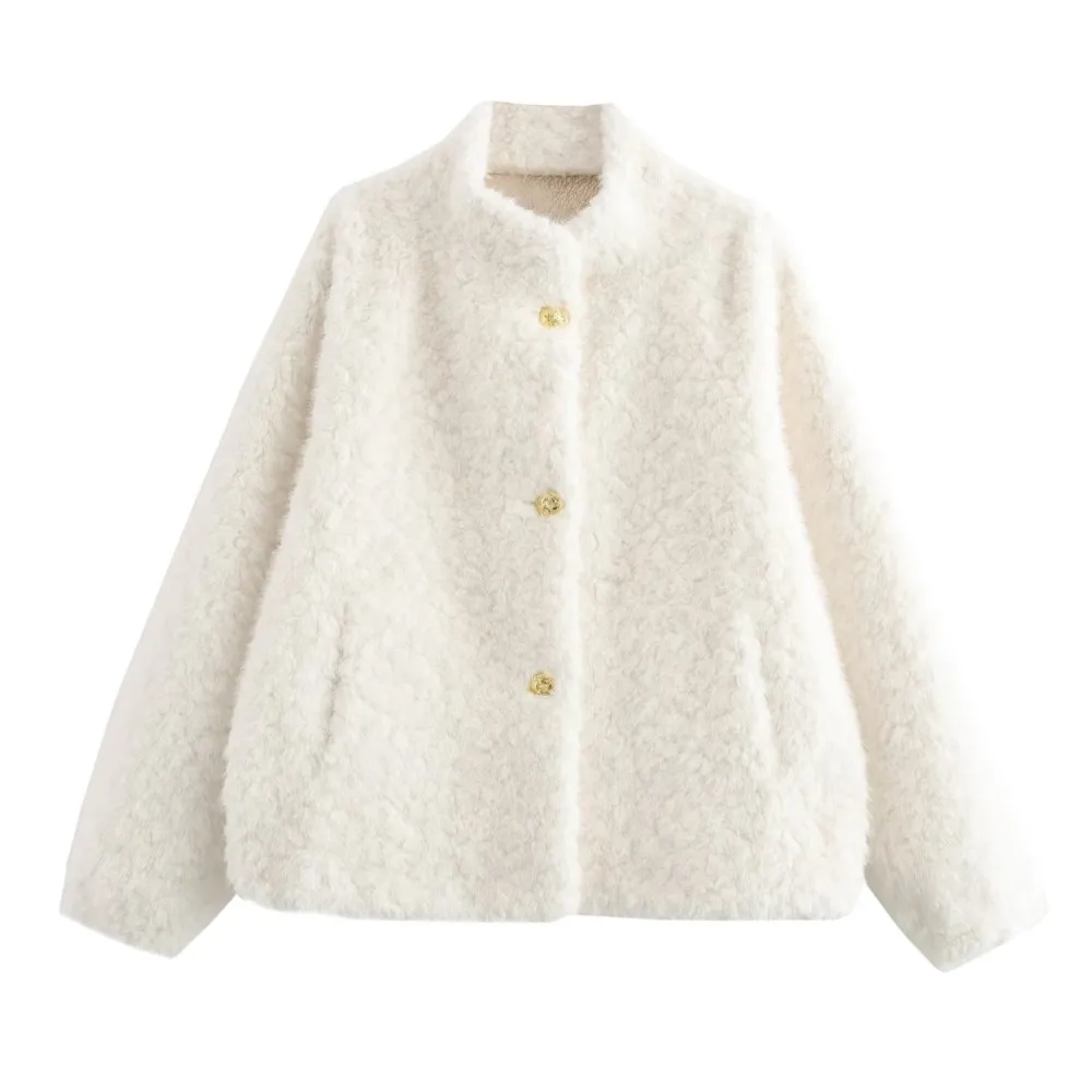 White Winter Stand Collar Shaggy Curly Lamb Sheep Faux Fur Coat CHIC Gold Metal Buttons Full Sleeve Loose Oversize Outerwear