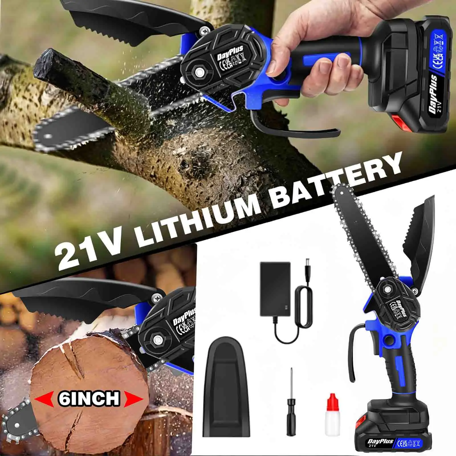 6-Zoll Mini-Kettensäge Kabellose Elektrische Kettensäge 1,5Ah Akku Batteriebetriebene Kettensäge für Baumzweige und Holzschnitt mit Sicherheitsverriegelung und Kettensägenblende 6 Zoll Professionelles