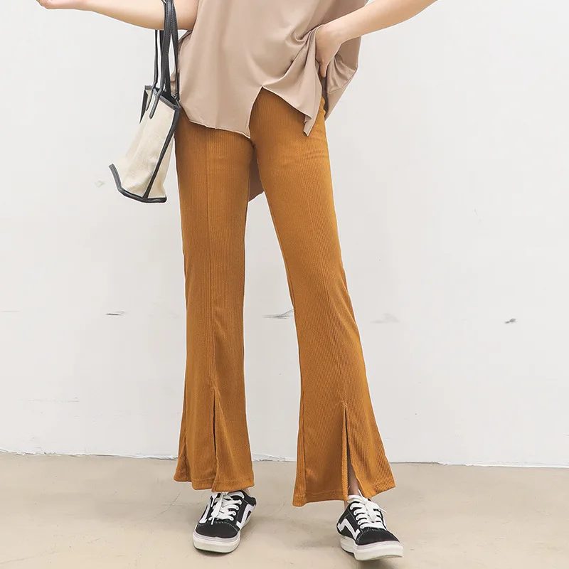 Trending Black High Waisted Flare Pants with Stretch Front Slit Versatile Ribbed Slimming Bottoms