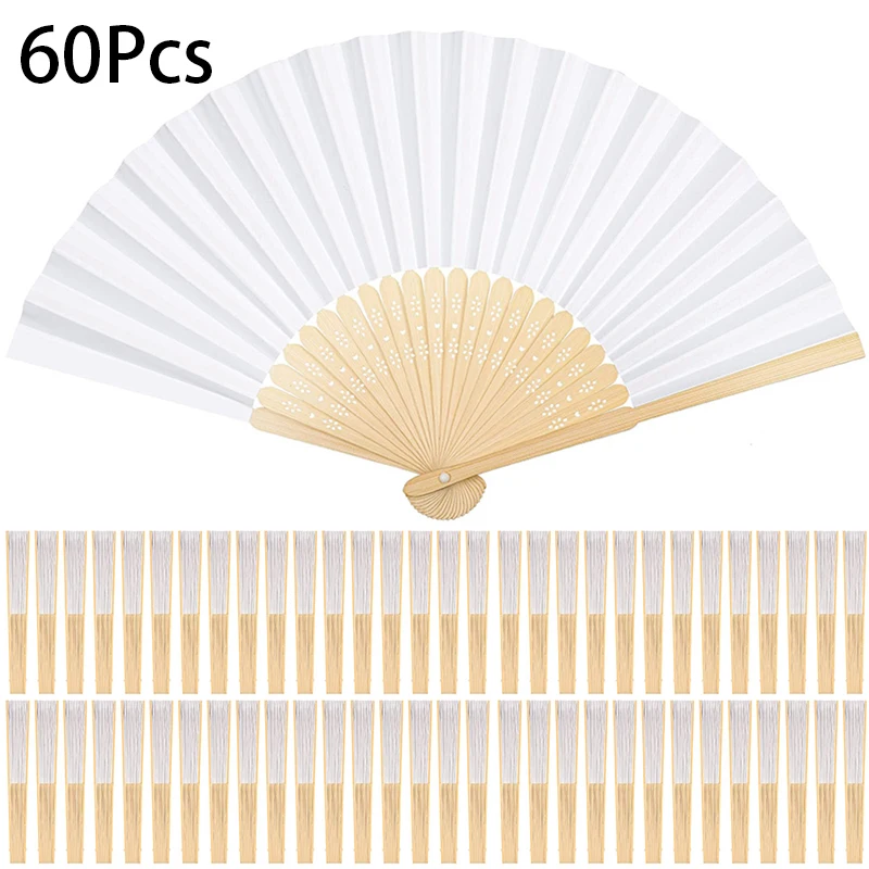 

60Pcs Chinese Style Handmade White Color Folding Elegant Paper Hand Fan For Wedding Party