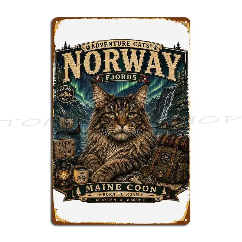 Norway Fjords Maine Coon Vintage Metal Sign Wall Mural Garage Party Classic Character Tin Sign Poster