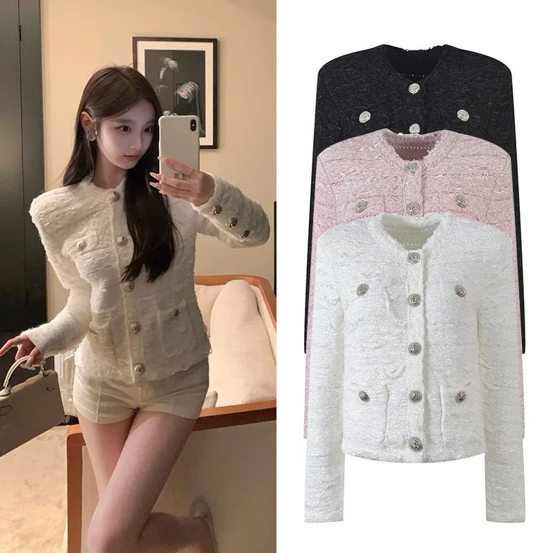 

Модный женский укороченный кардиган с круглым вырезом, длинными рукавами, металлическими пуговицами, для повседневной носки, из шерстяной смеси