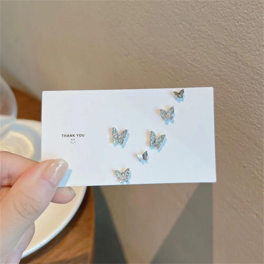 Shiny Y2k Silver Color Crystal Rhinestone Butterfly Heart Bowknot Stud Earrings Set for Women Teen Kpop Delicate Earring Jewelry image 5