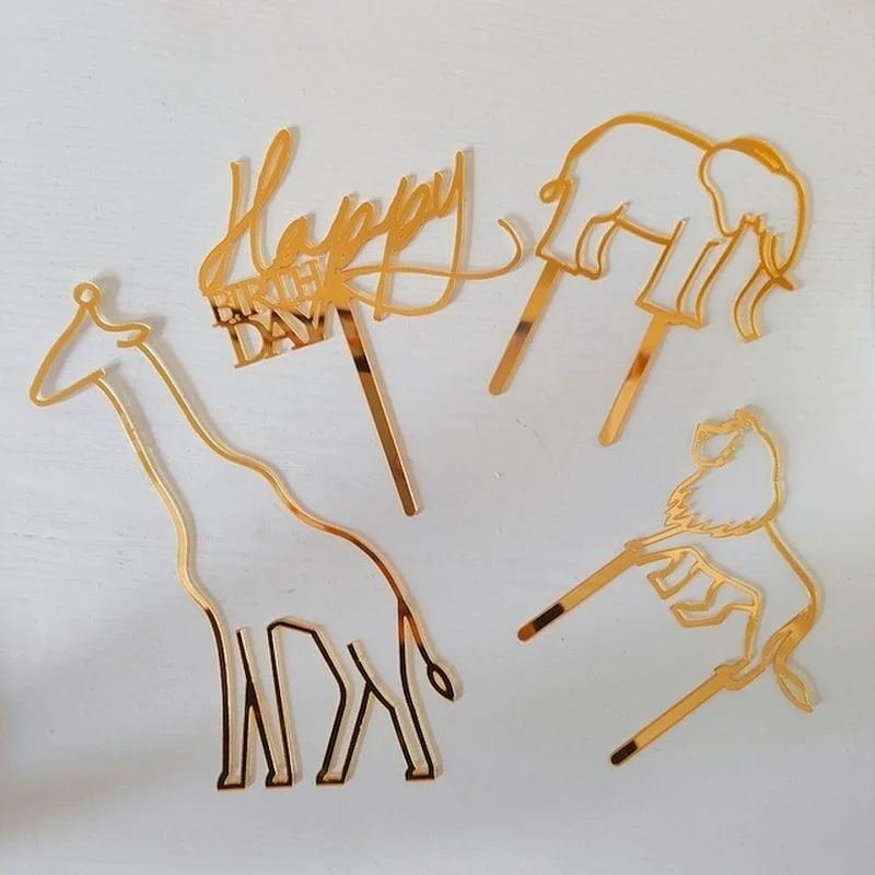 New Theme Animals Happy Birthday Cake Topper Cartoon Giraffe Swan Dogs Cats Cake Topper for Baby Birthday Party Cake Decorations