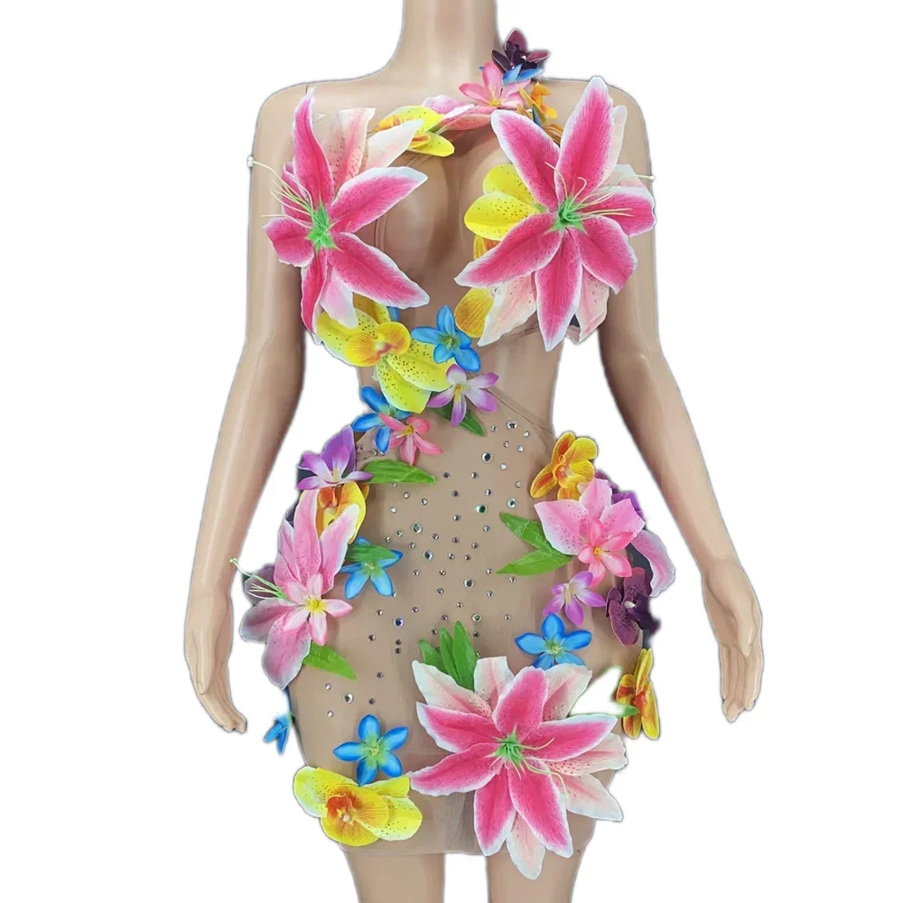 Vestido de flores Sexy con espalda descubierta ahuecado para mujer, disfraces de Las Vegas Show Hawaii, trajes de Drag Queen para fiesta en la playa de verano