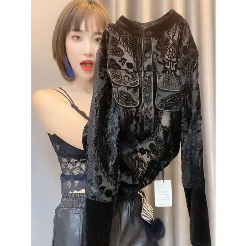 Gold Velvet Shirt for Women 2024 Spring Edition Hong Kong Style Retro Burnt Flower Splicing Lace Long Sleeve Top Loose Shirt