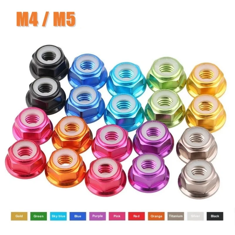 

4Pcs Aluminium alloy CNC Flange Nylon Lock Nut M4 M5 Multicolor For 1/10 RC Car Truck TRX4 SCX10 Model Motor Universal Accs