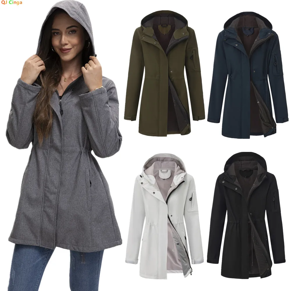 

Gray Women's Hooded Multi-Pocket Windbreaker Jacket Fleece-Lined Waist-Defining Outerwear for Fall and Winter Green Blue Coats.