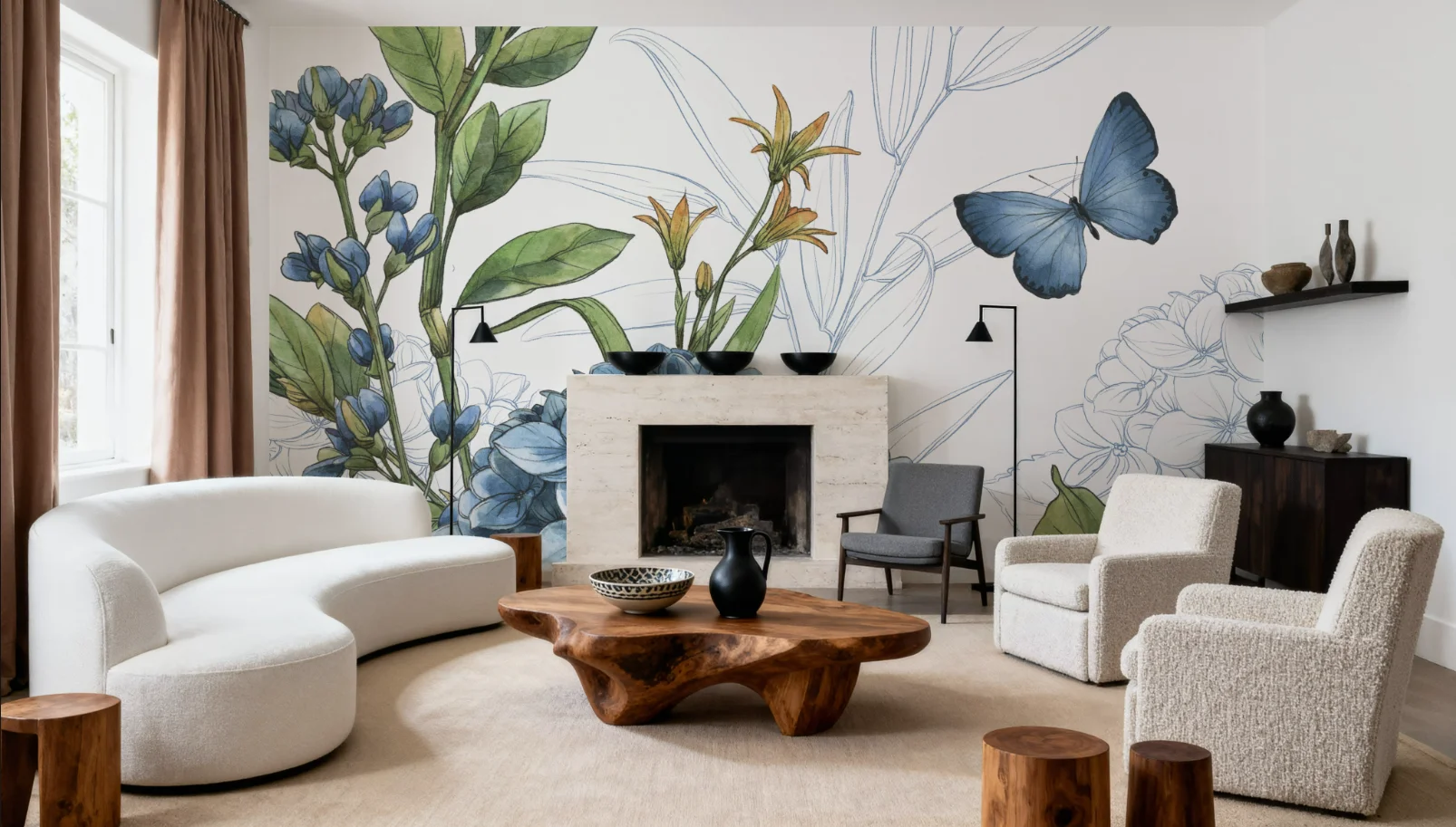 Customized wallpaper with blue iris and lotus leaf butterfly mural hand-painted living room, bedroom, dining room flowers mural